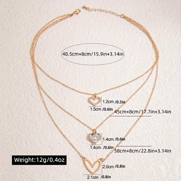 Necklace Heart Layered Chains Rhinestones Hollow Choker Love Gold Glam Trendy - Picture 2 of 2